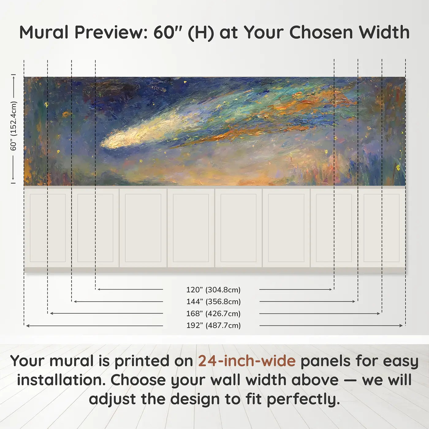 Panel dimensions for Comet Trail Night Sky Wainscoting Wallpaper by Whimsy Tots