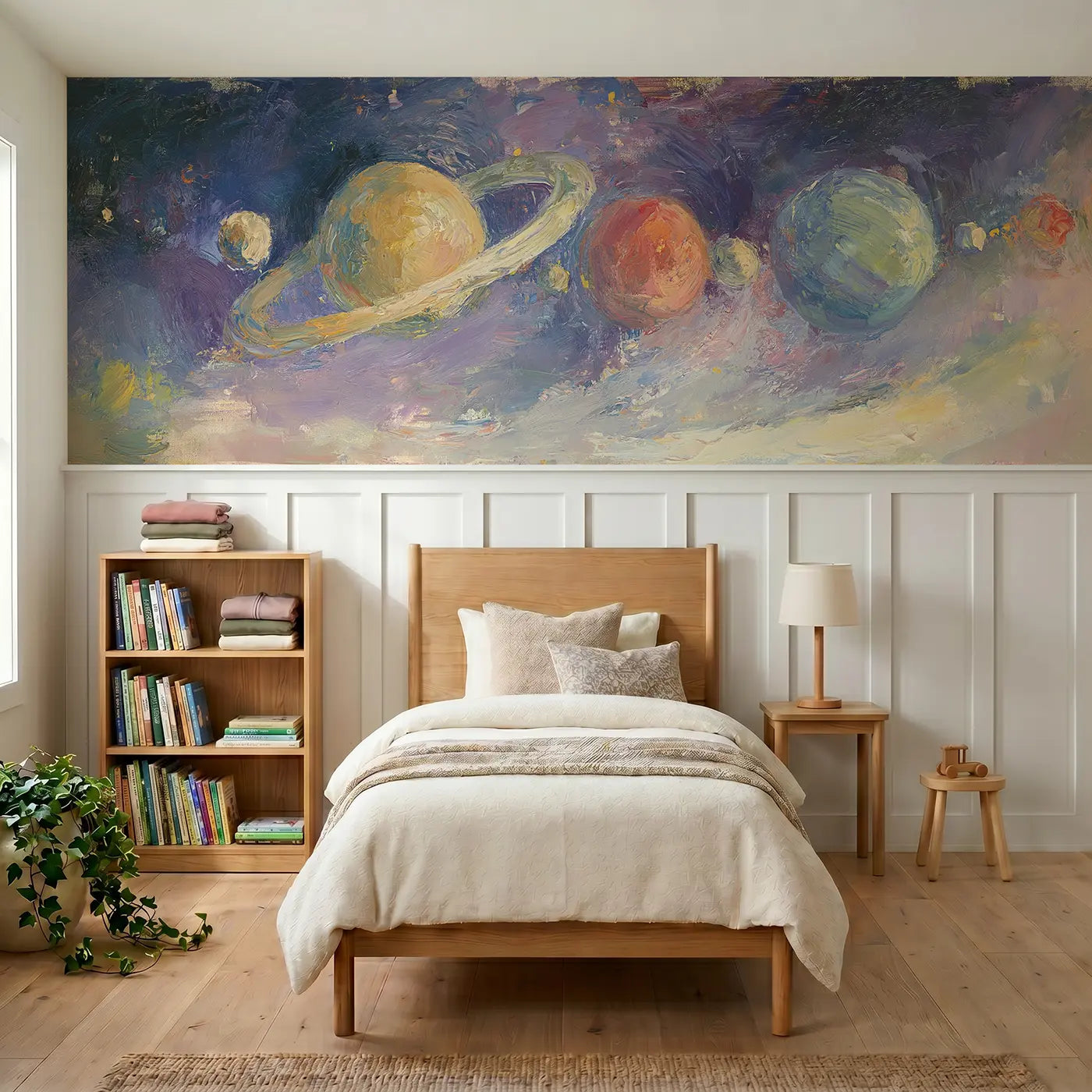 Painted Landscape planet parade oil paint wainscoting wallpaper for bedroom by Whimsy Tots