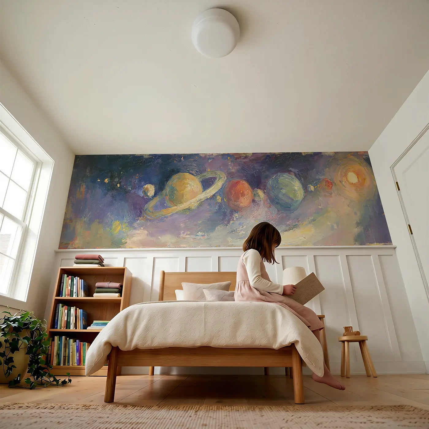 Child reading near Planet Parade Oil Paint Wainscoting Wallpaper by Whimsy Tots