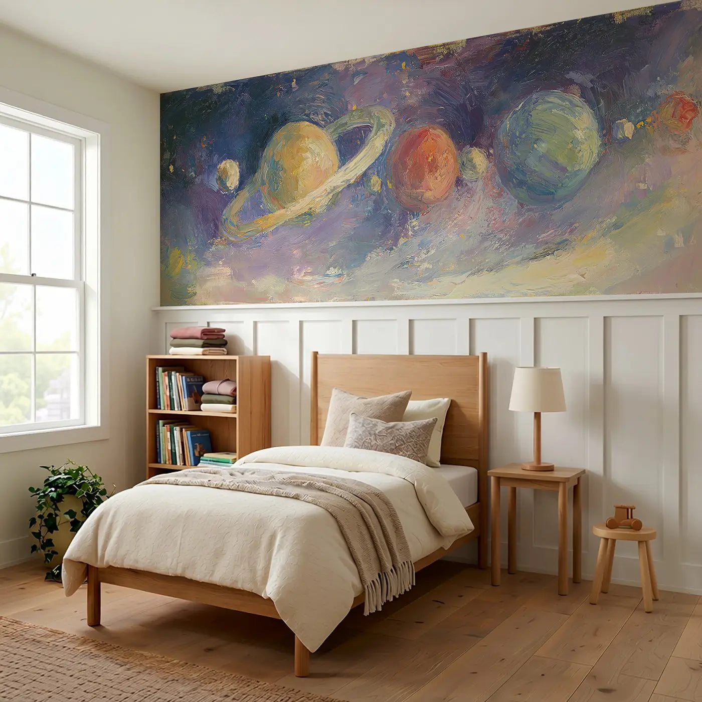 Planet Parade Oil Paint Wainscoting Wallpaper styled in a kids bedroom by Whimsy Tots