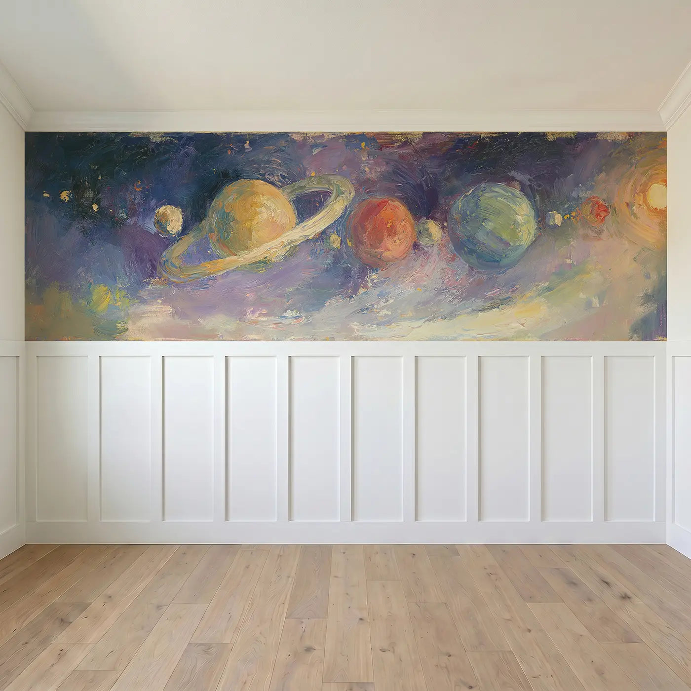 Full panel view of Planet Parade Oil Paint Wainscoting Wallpaper by Whimsy Tots