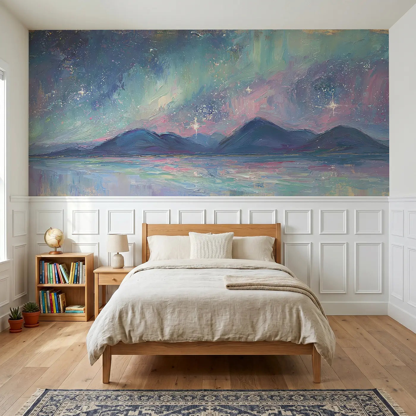 Painted Landscape aurora star mountain night wainscoting wallpaper for bedroom by Whimsy Tots