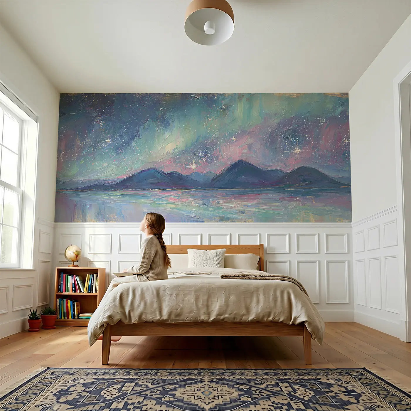 Child reading near Aurora Star Mountain Night Wainscoting Wallpaper by Whimsy Tots