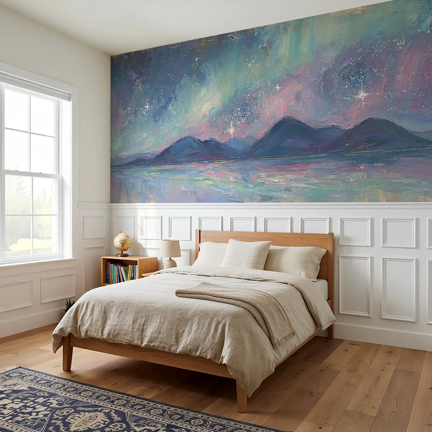 Aurora Star Mountain Night Wainscoting Wallpaper styled in a kids bedroom by Whimsy Tots