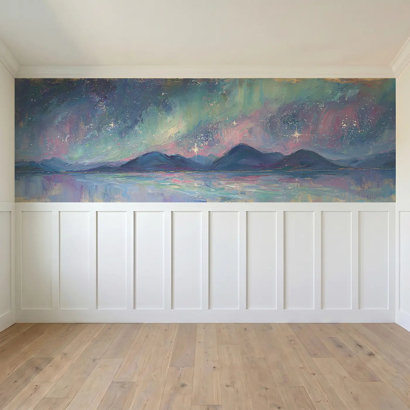 Full panel view of Aurora Star Mountain Night Wainscoting Wallpaper by Whimsy Tots