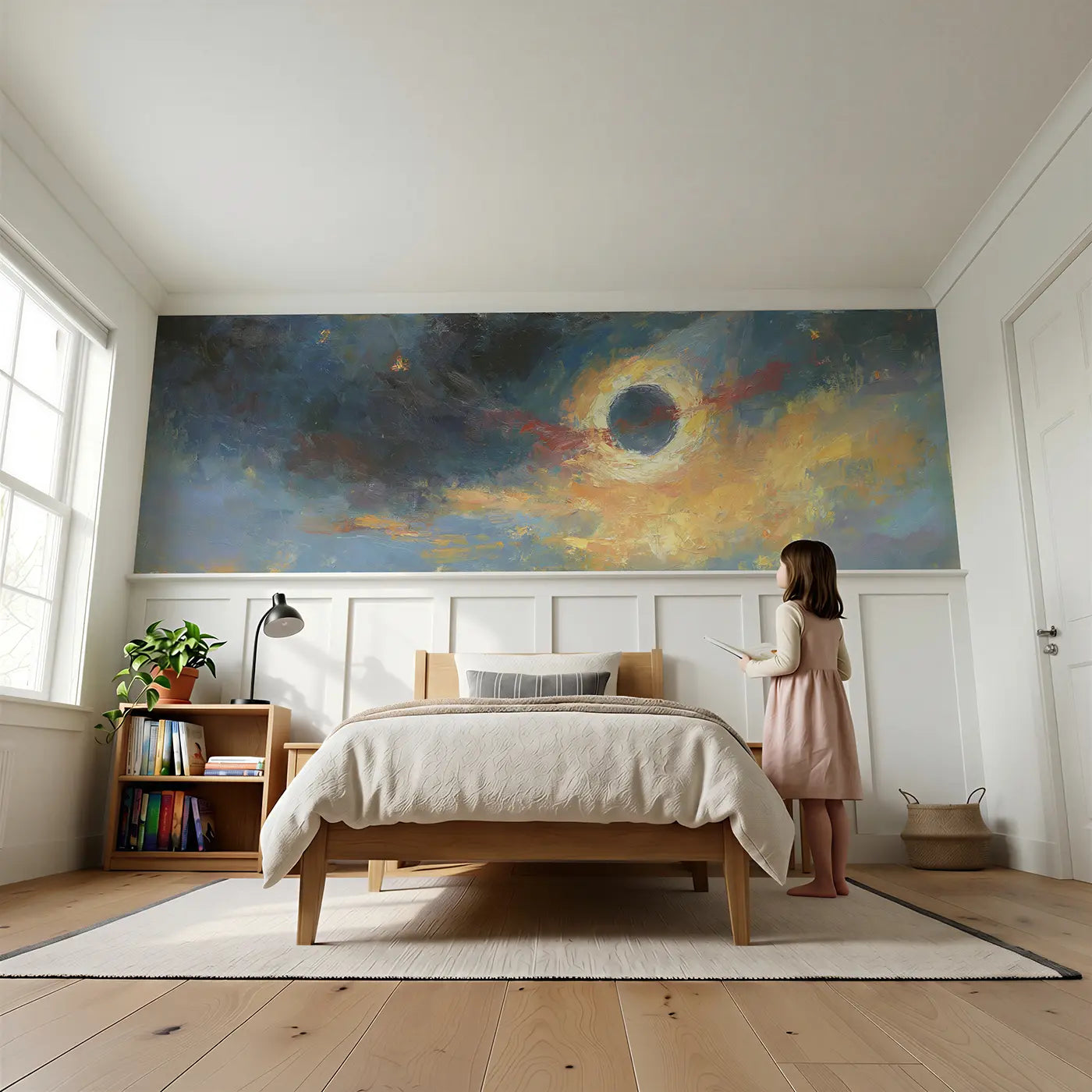 Child reading near Solar Eclipse Corona Oil Wainscoting Wallpaper by Whimsy Tots