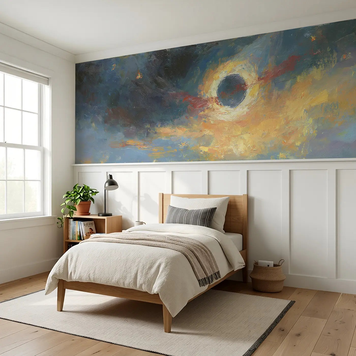 Solar Eclipse Corona Oil Wainscoting Wallpaper styled in a kids bedroom by Whimsy Tots