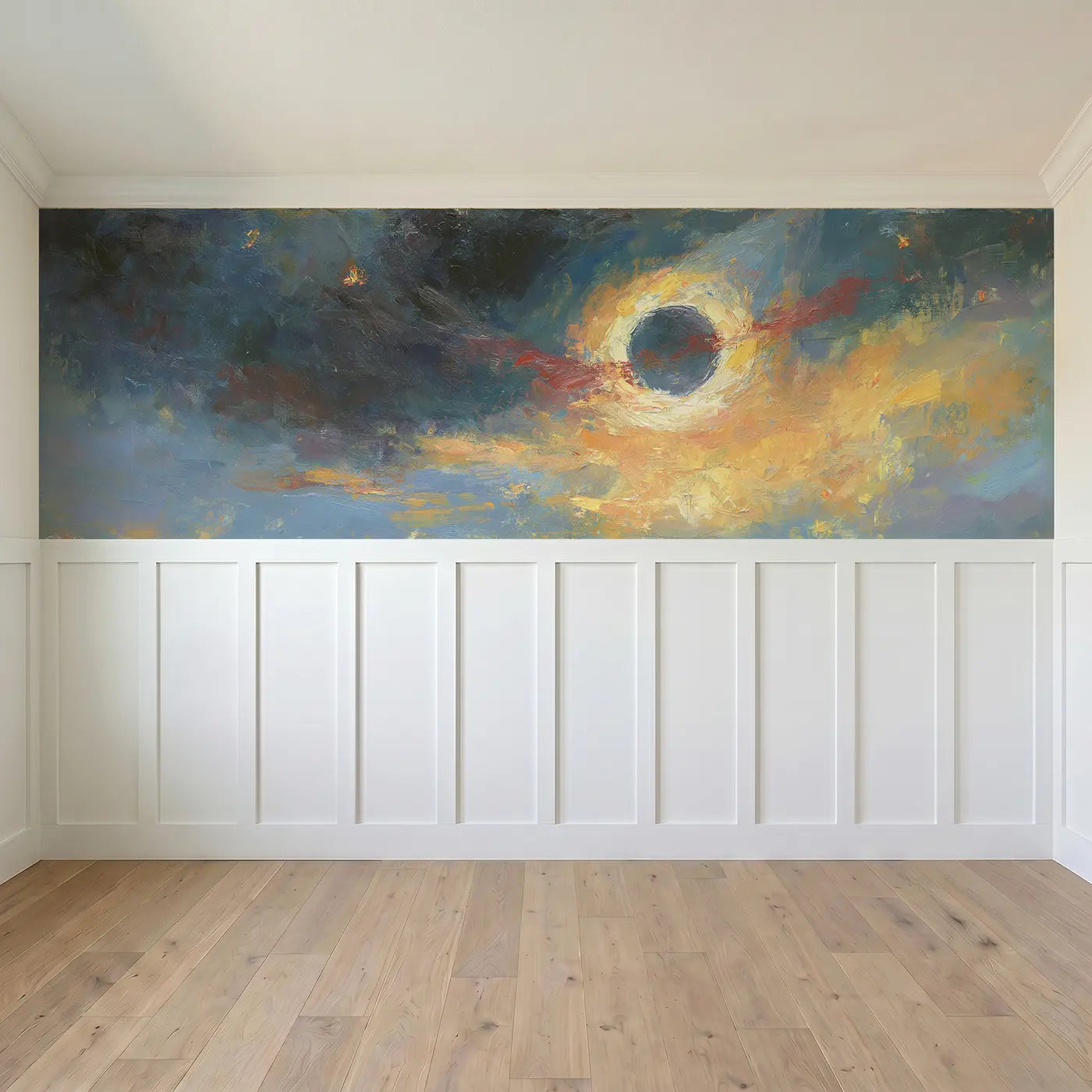 Full panel view of Solar Eclipse Corona Oil Wainscoting Wallpaper by Whimsy Tots