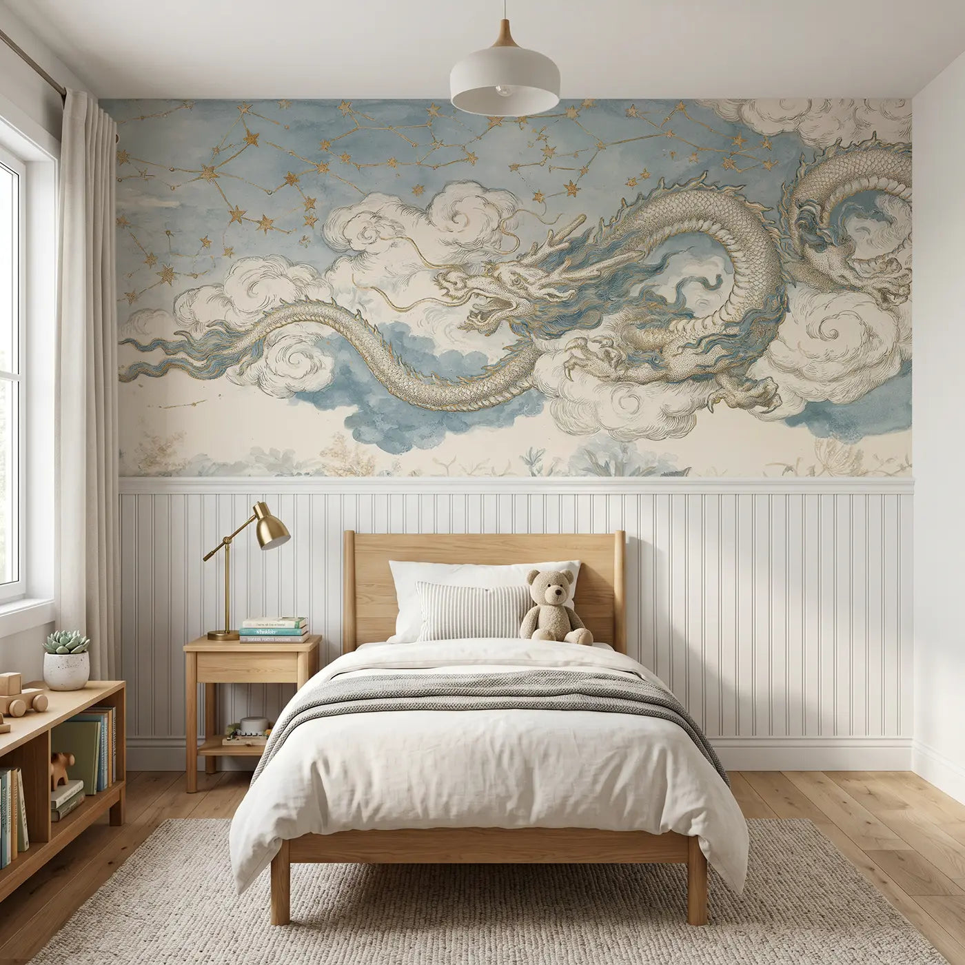 Botanical Elegance celestial dragon star map wainscoting wallpaper for bedroom by Whimsy Tots