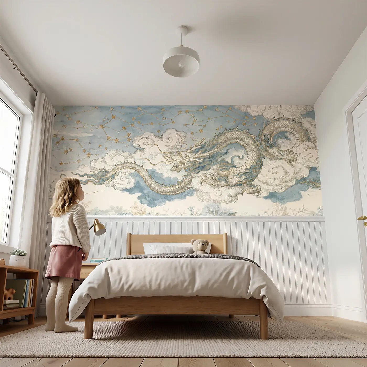 Child reading near Celestial Dragon Star Map Wainscoting Wallpaper by Whimsy Tots