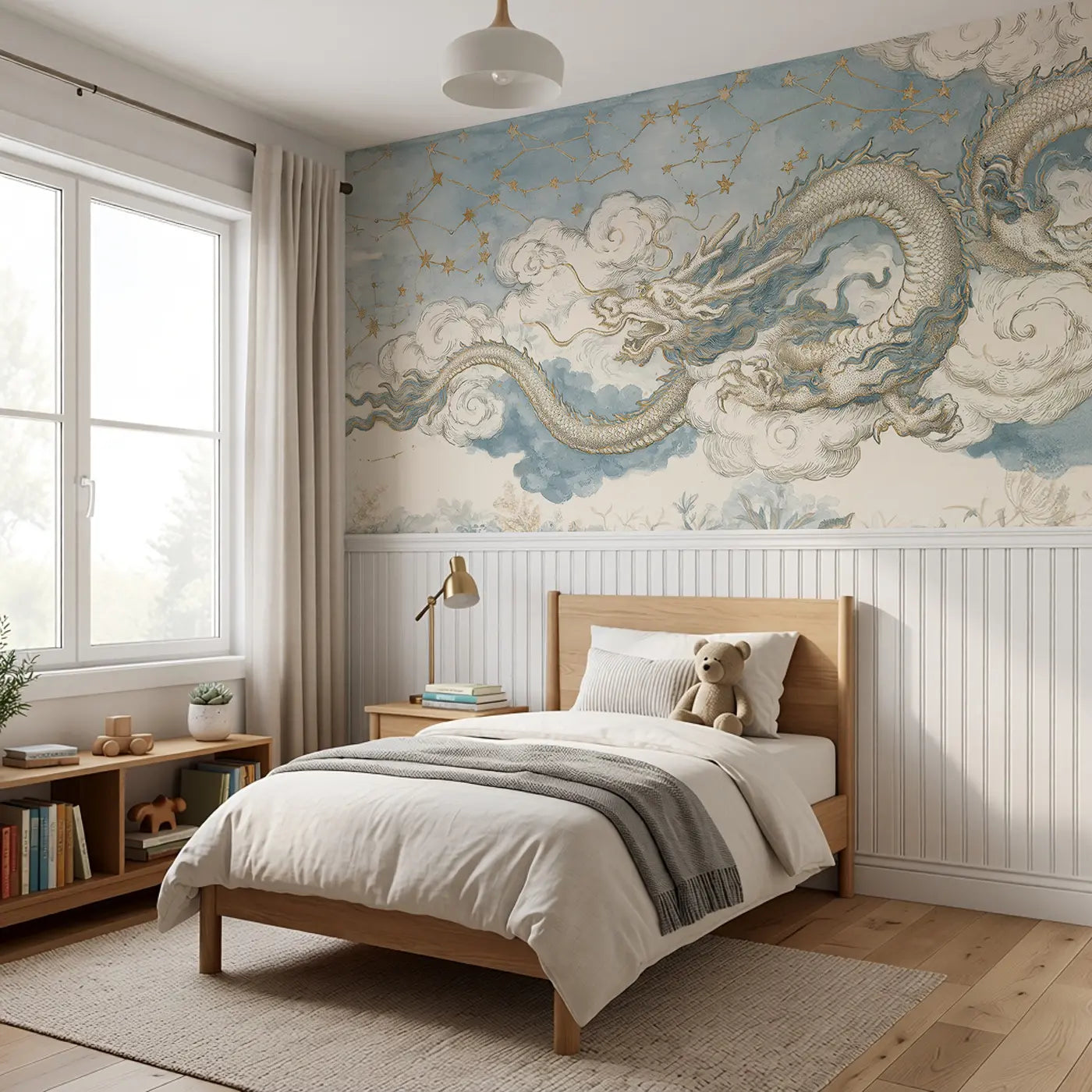 Celestial Dragon Star Map Wainscoting Wallpaper styled in a kids bedroom by Whimsy Tots