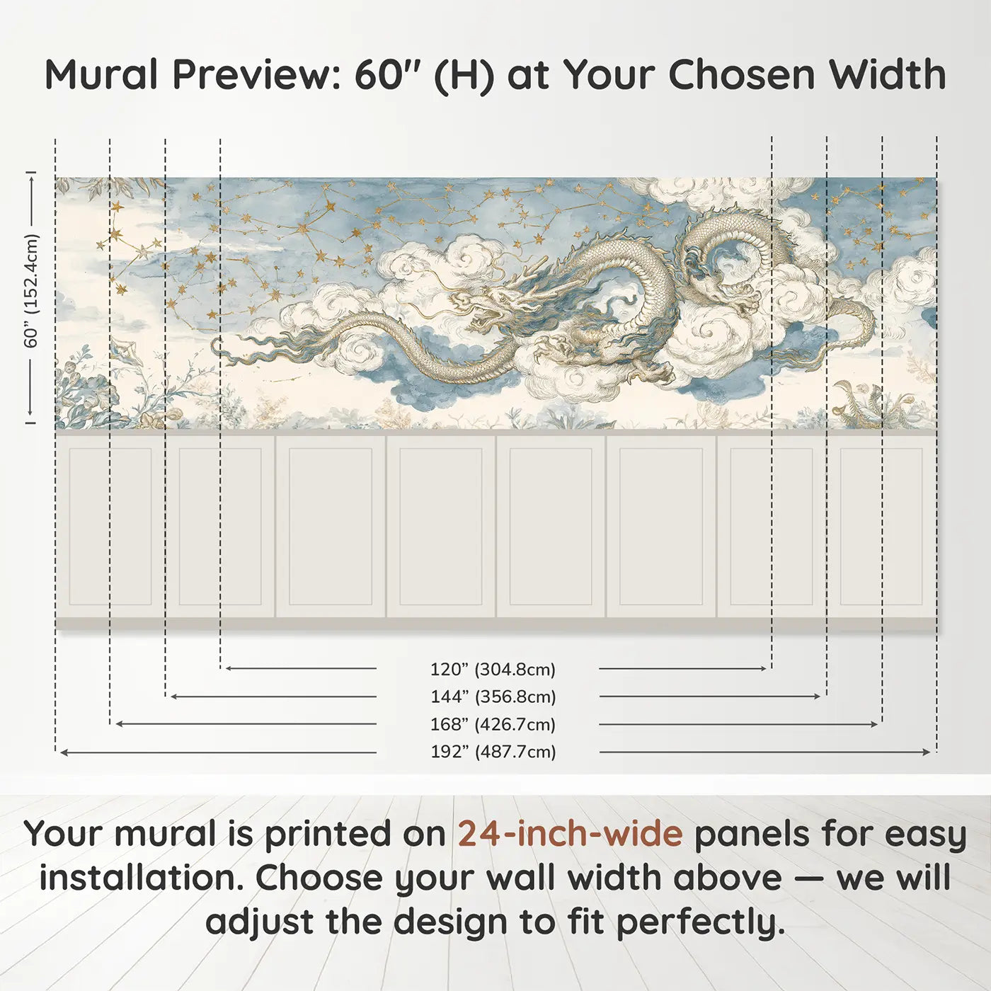 Panel dimensions for Celestial Dragon Star Map Wainscoting Wallpaper by Whimsy Tots