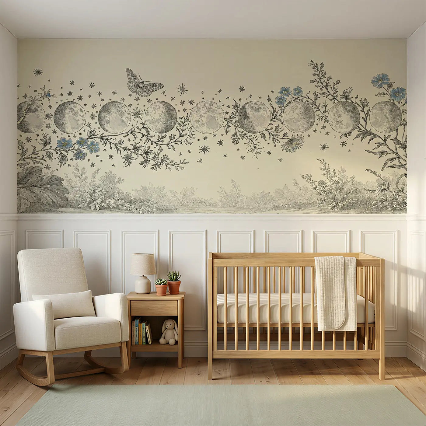 Botanical Elegance moon phase border wainscoting wallpaper for nursery by Whimsy Tots