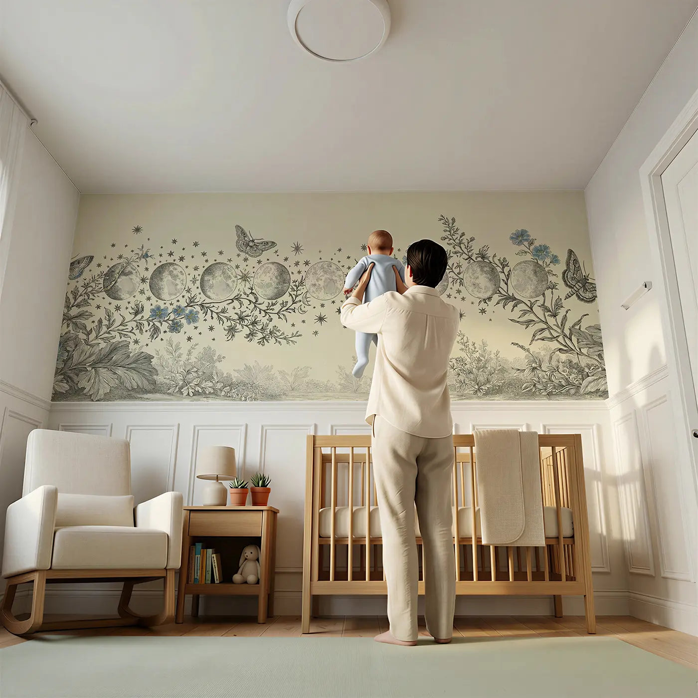 Child reading near Moon Phase Botanical Border Wainscoting Wallpaper by Whimsy Tots