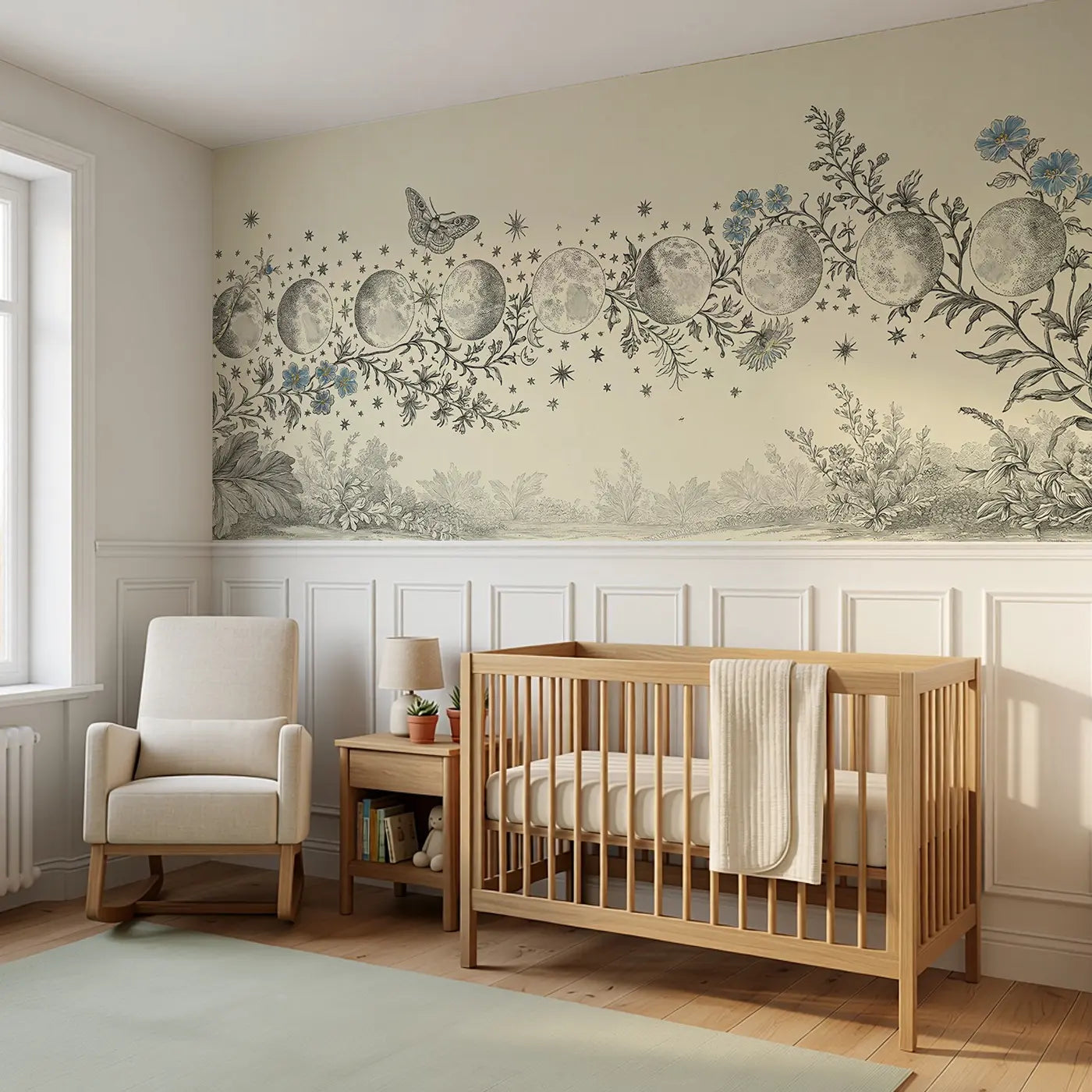 Moon Phase Botanical Border Wainscoting Wallpaper styled in a kids bedroom by Whimsy Tots
