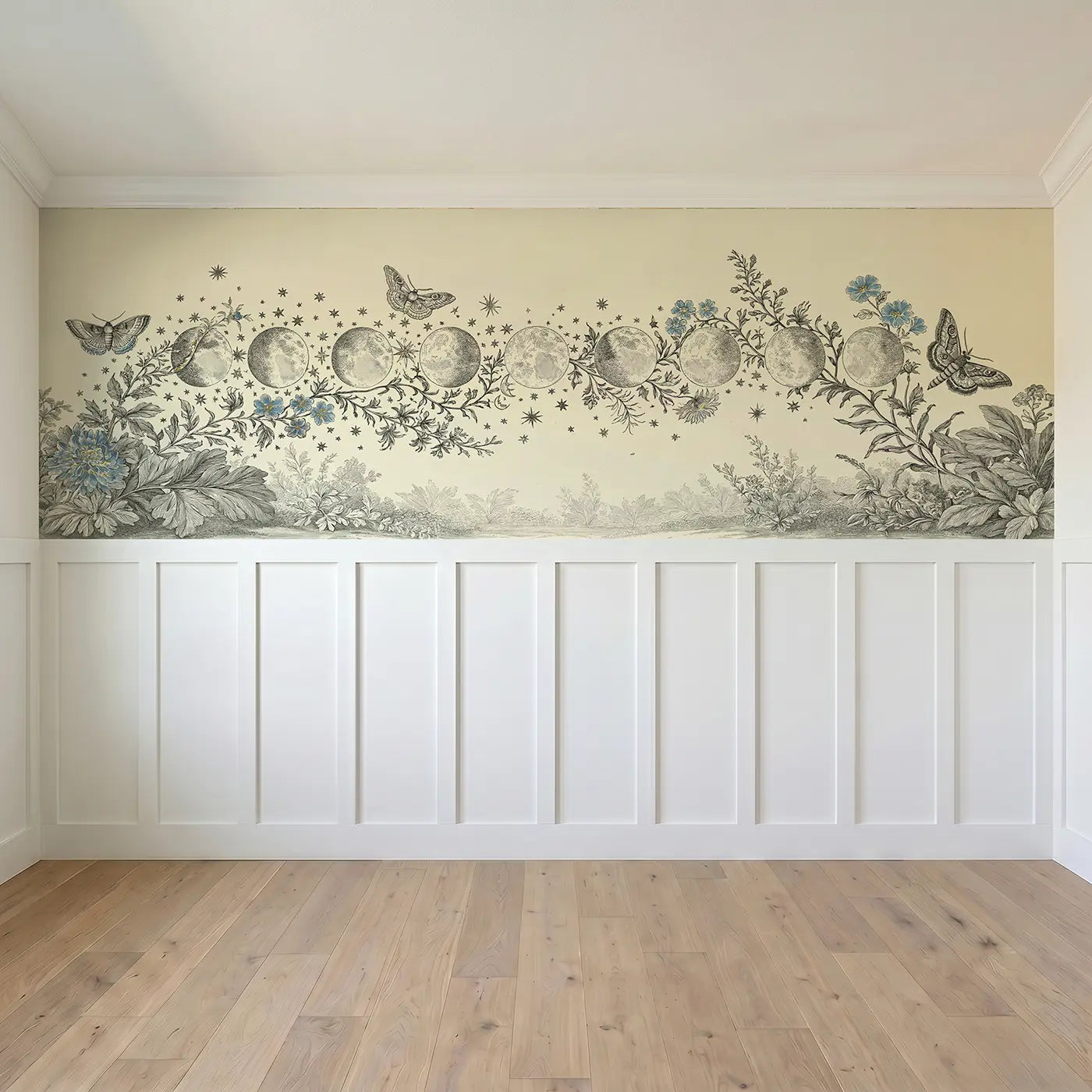 Full panel view of Moon Phase Botanical Border Wainscoting Wallpaper by Whimsy Tots