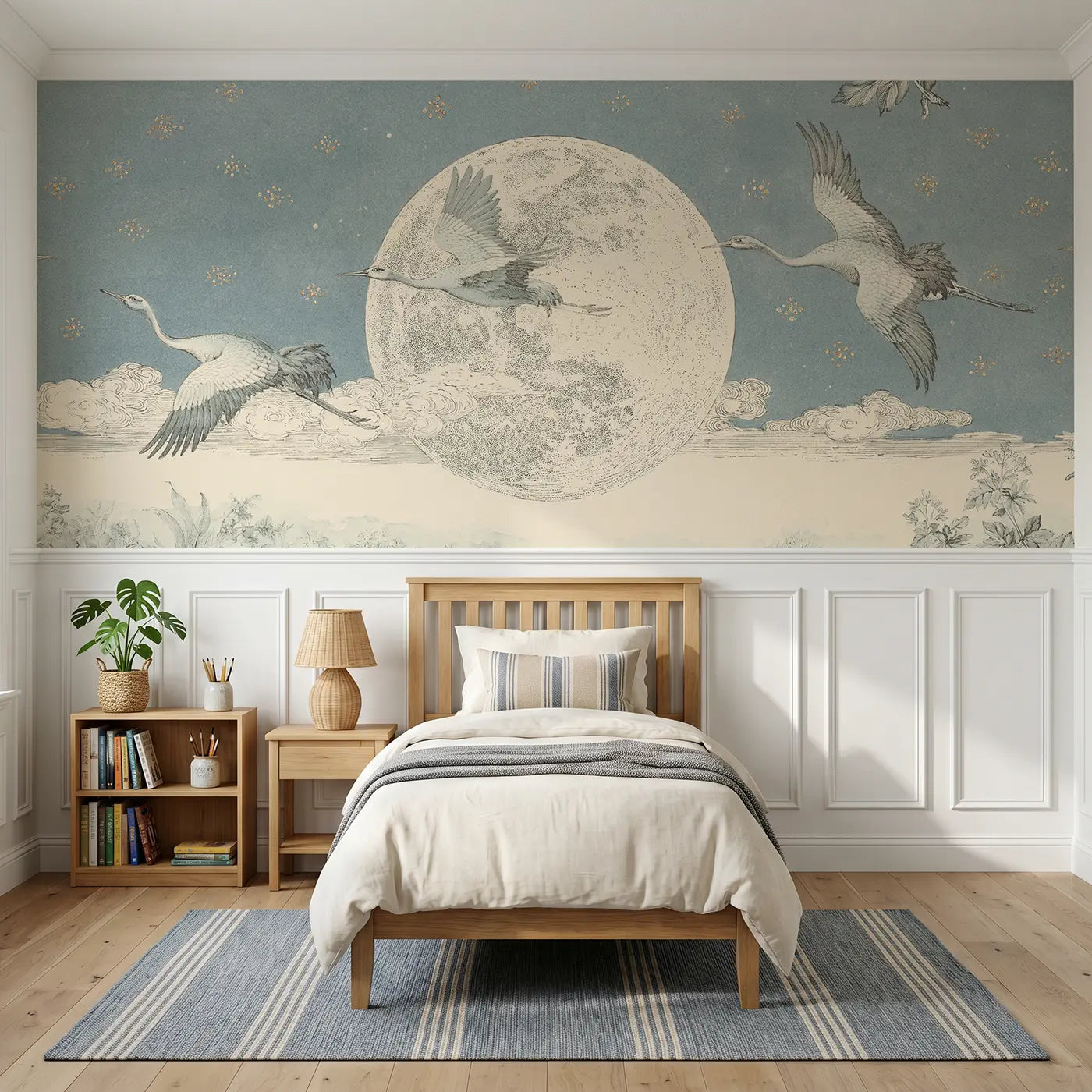 Botanical Elegance crane flying moon night wainscoting wallpaper for bedroom by Whimsy Tots
