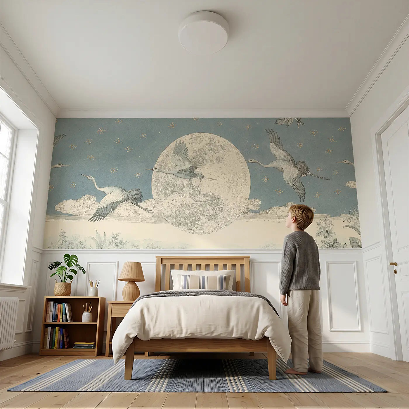 Child reading near Crane Flying Moon Night Wainscoting Wallpaper by Whimsy Tots