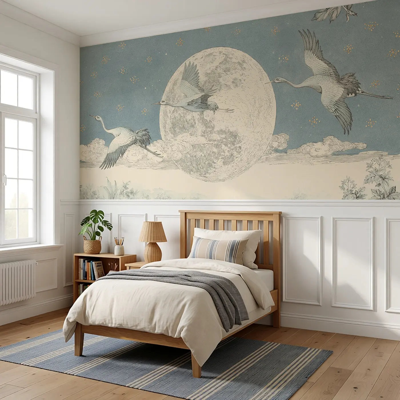 Crane Flying Moon Night Wainscoting Wallpaper styled in a kids bedroom by Whimsy Tots