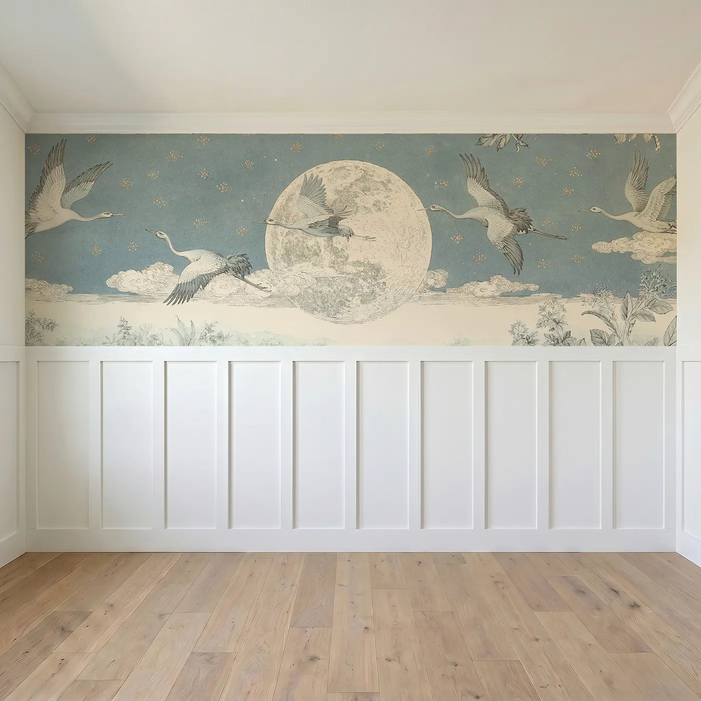 Full panel view of Crane Flying Moon Night Wainscoting Wallpaper by Whimsy Tots