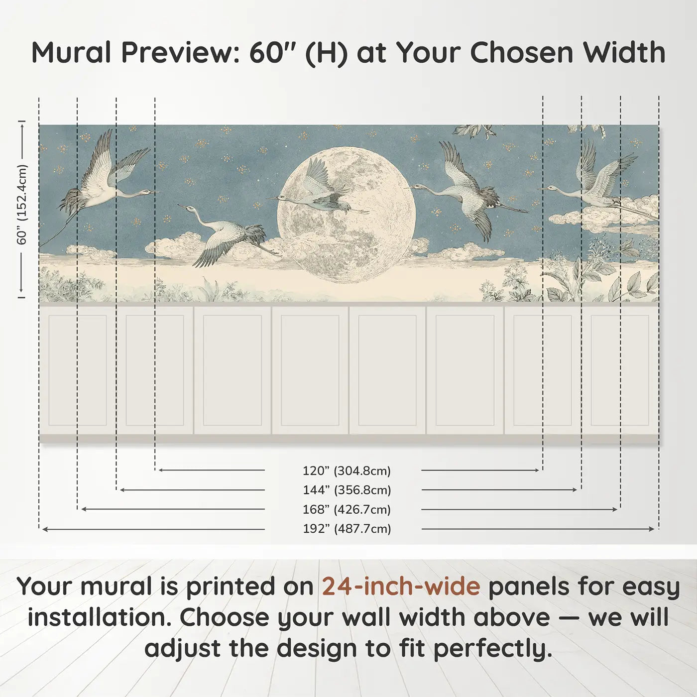 Panel dimensions for Crane Flying Moon Night Wainscoting Wallpaper by Whimsy Tots