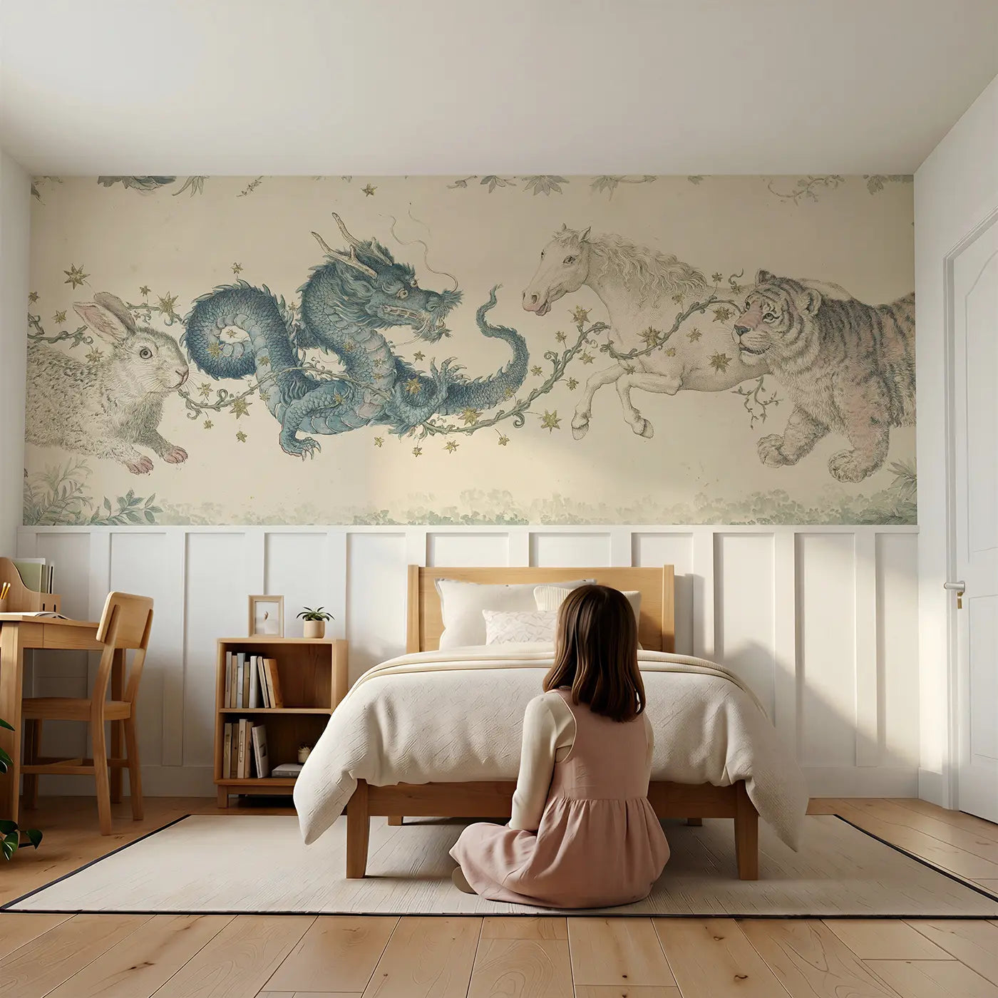 Child reading near Zodiac Animal Circle Wainscoting Wallpaper by Whimsy Tots
