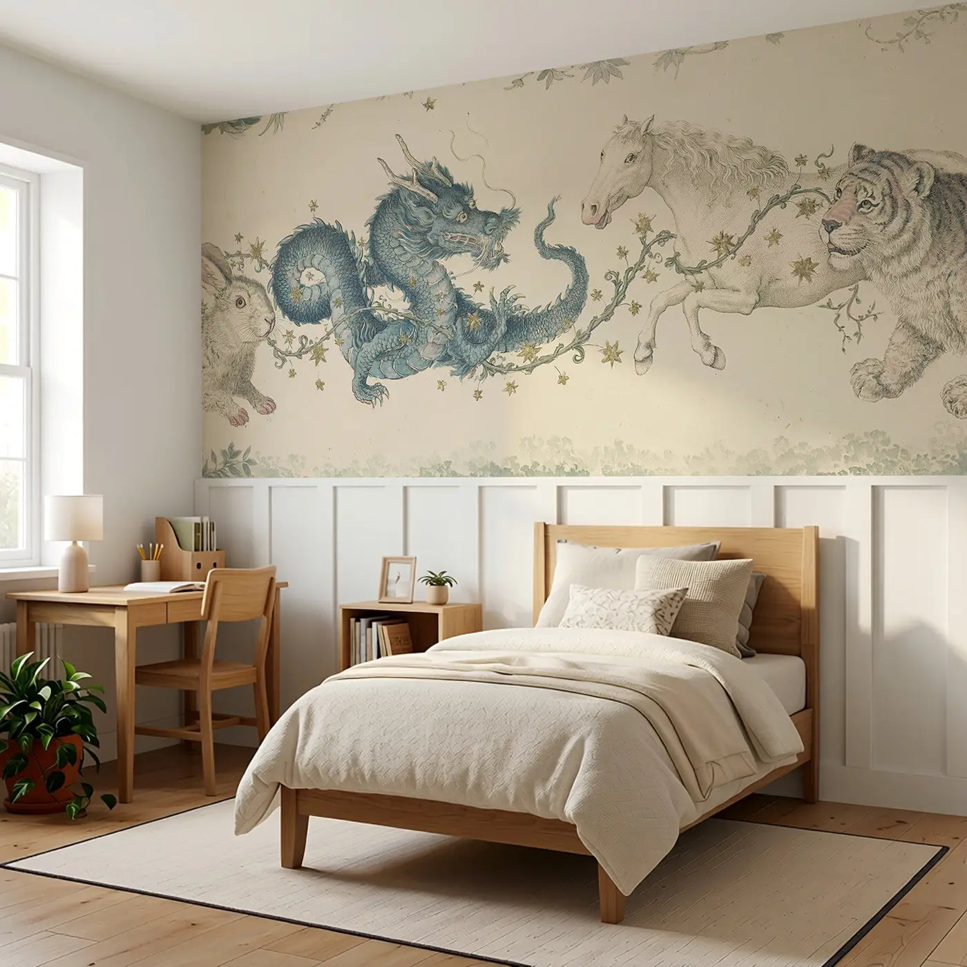 Zodiac Animal Circle Wainscoting Wallpaper styled in a kids bedroom by Whimsy Tots