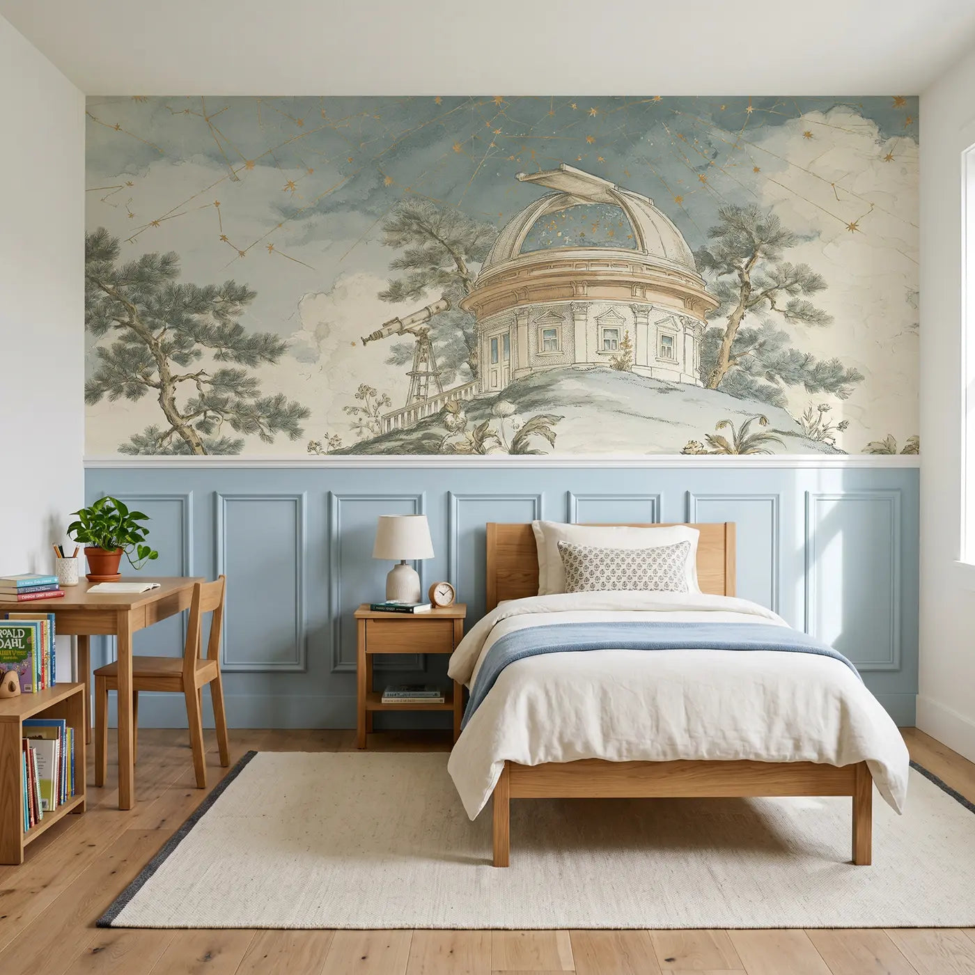 Botanical Elegance observatory hilltop star wainscoting wallpaper for bedroom by Whimsy Tots