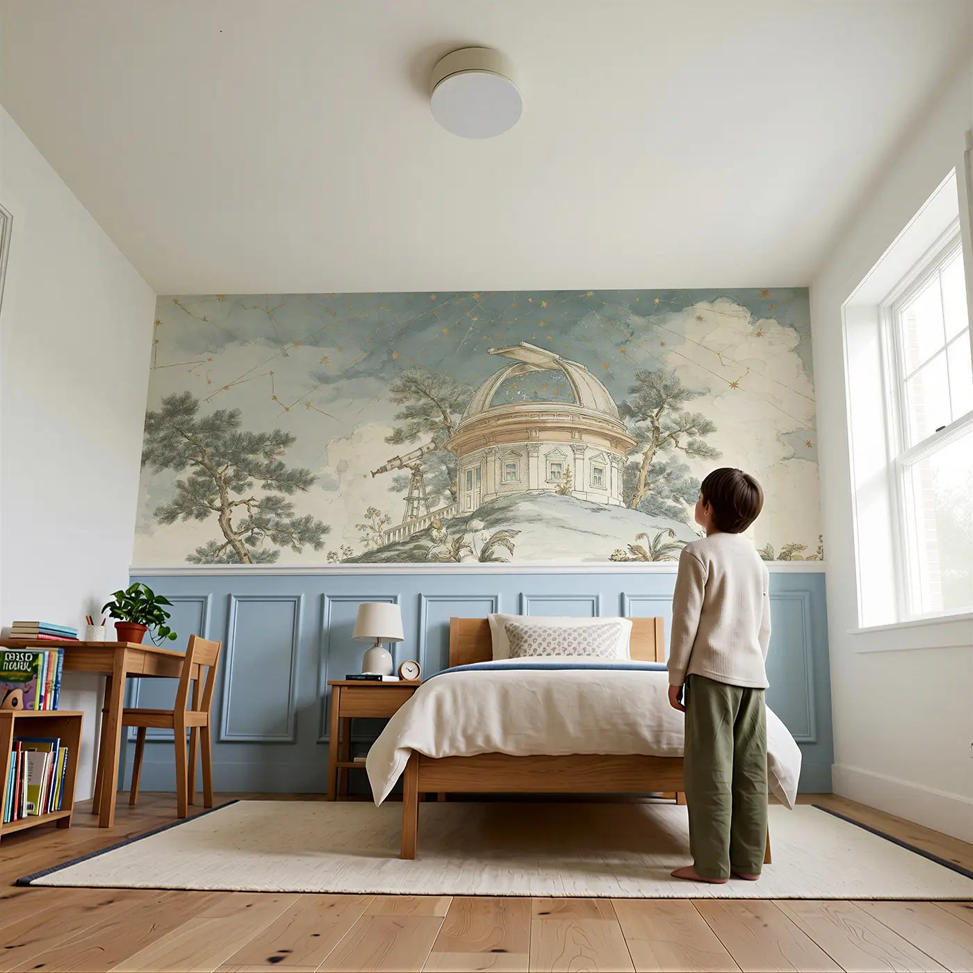 Child reading near Observatory Hilltop Star Wainscoting Wallpaper by Whimsy Tots
