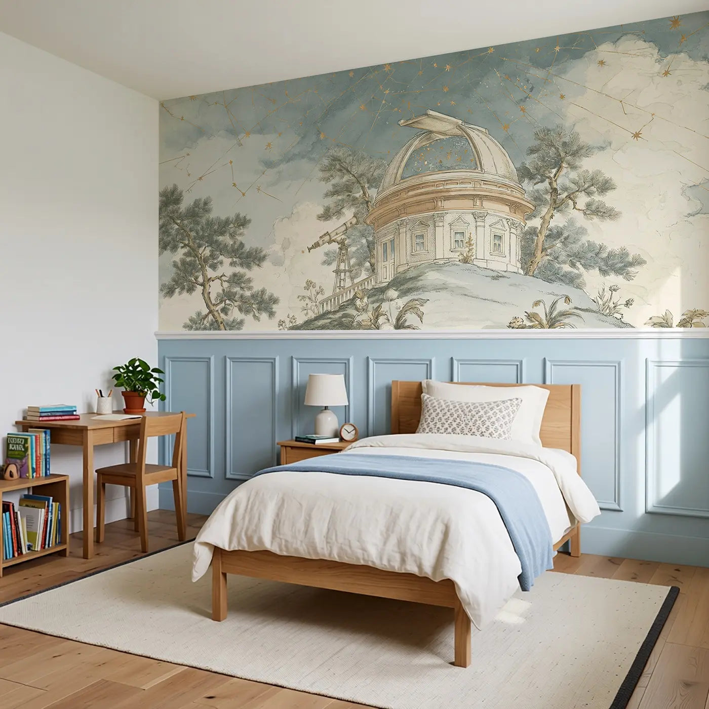 Observatory Hilltop Star Wainscoting Wallpaper styled in a kids bedroom by Whimsy Tots