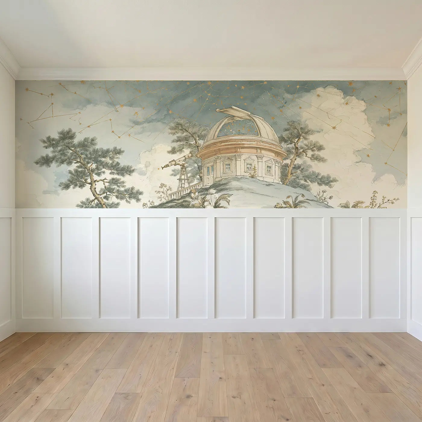 Full panel view of Observatory Hilltop Star Wainscoting Wallpaper by Whimsy Tots