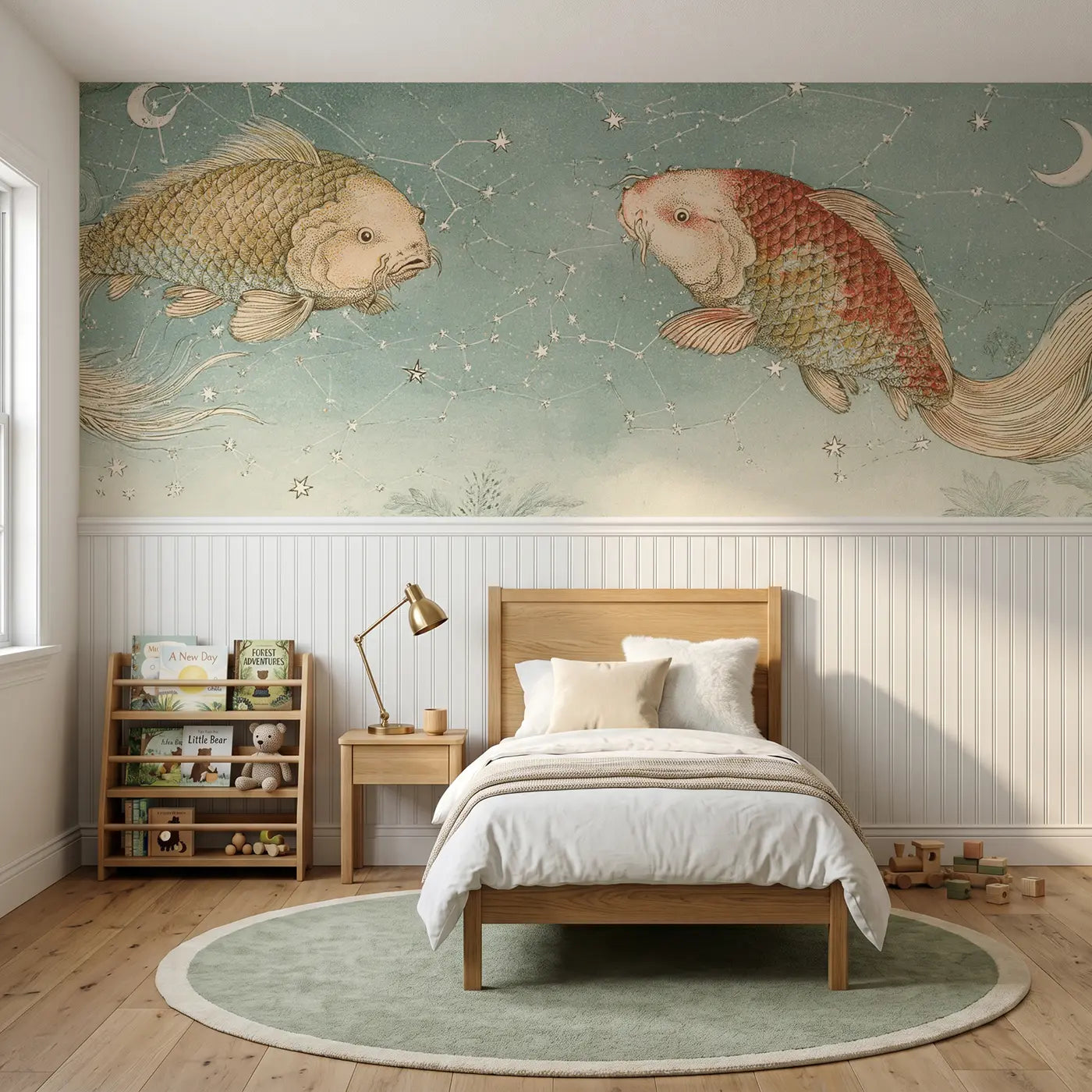 Botanical Elegance celestial fish constellation wainscoting wallpaper for nursery by Whimsy Tots