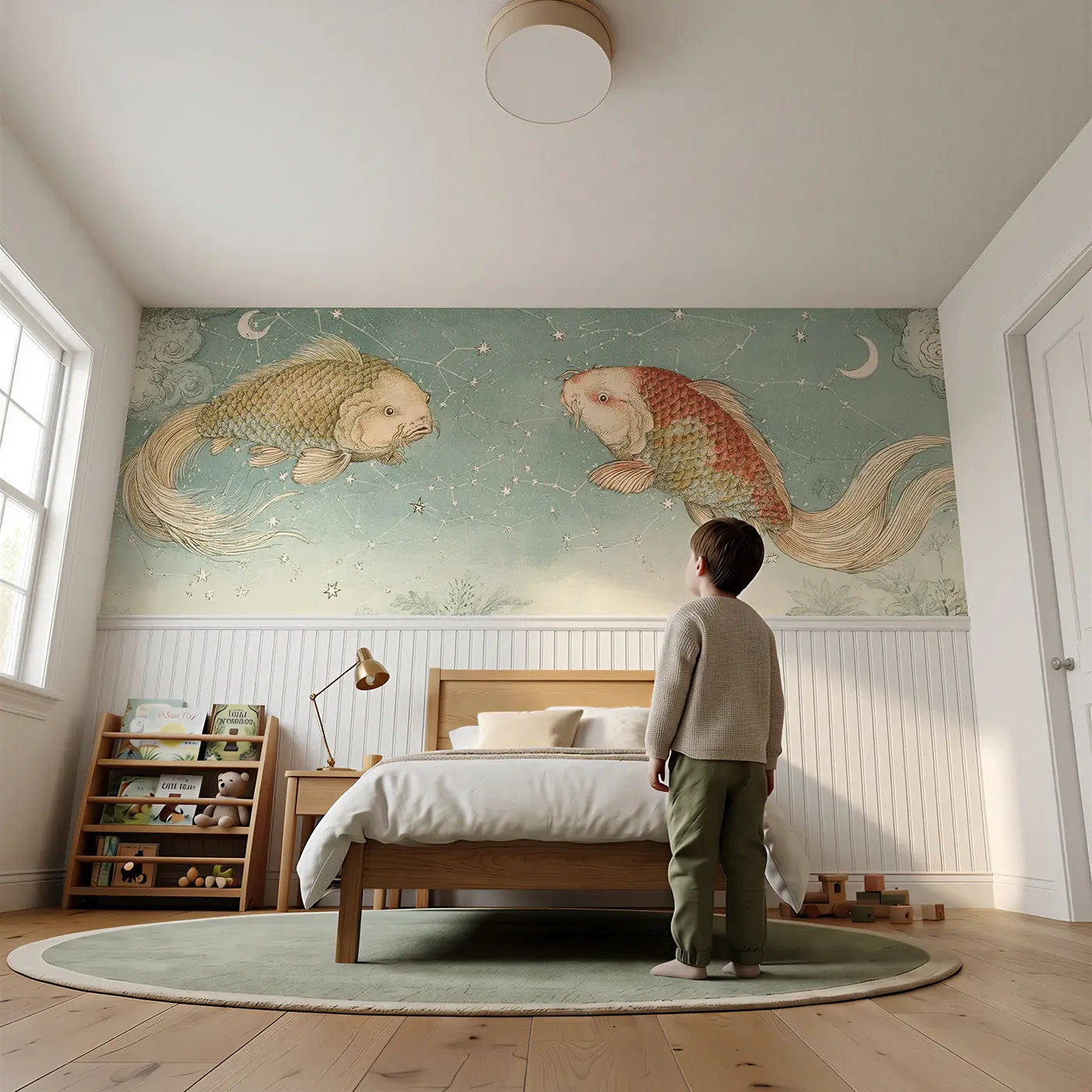 Child reading near Celestial Fish Constellation Wainscoting Wallpaper by Whimsy Tots