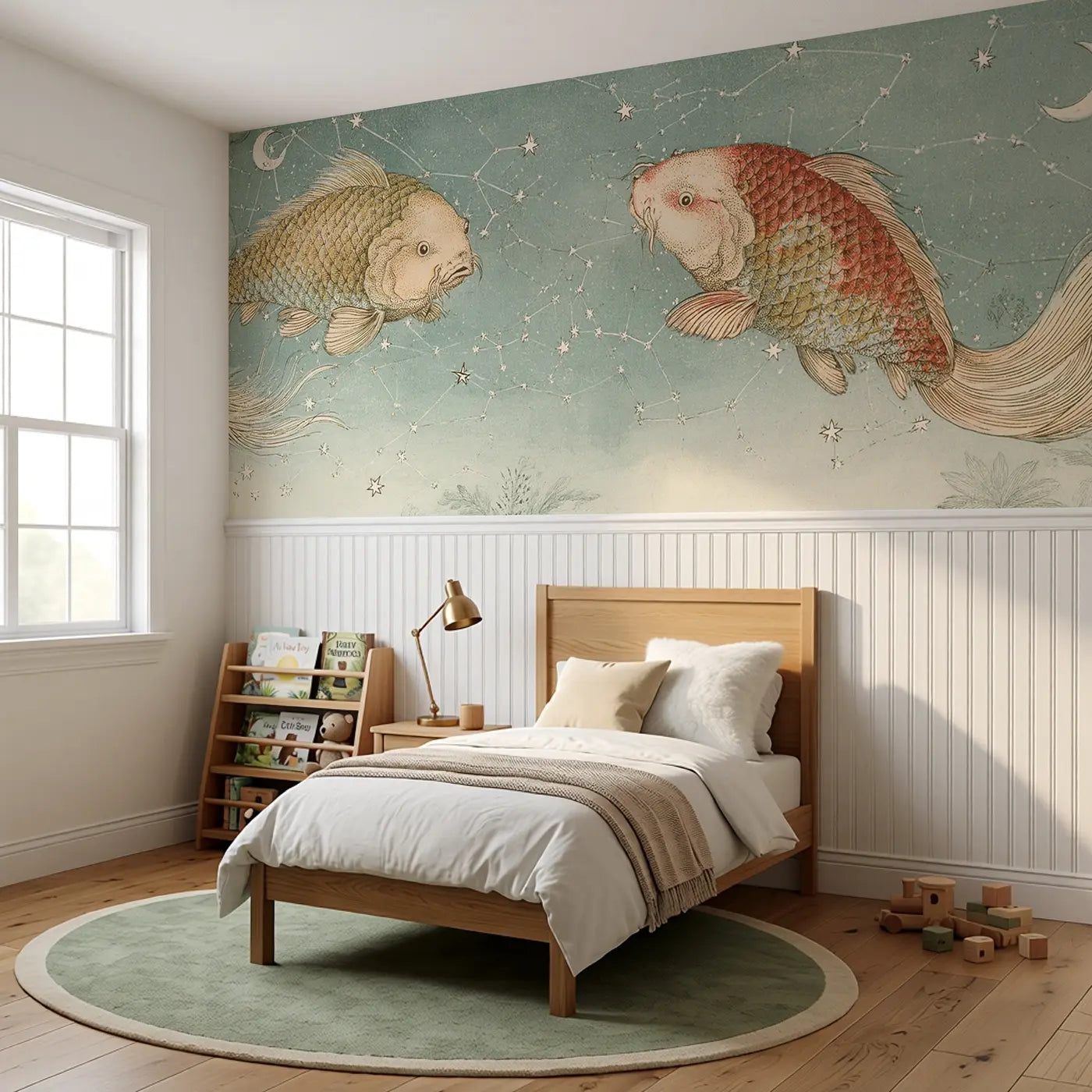 Celestial Fish Constellation Wainscoting Wallpaper styled in a kids bedroom by Whimsy Tots