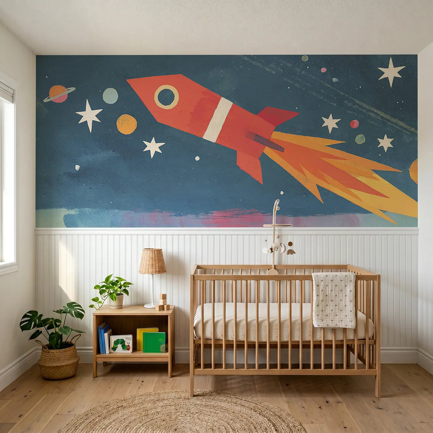 Modern Illustration graphic rocket launch bold wainscoting wallpaper for nursery by Whimsy Tots