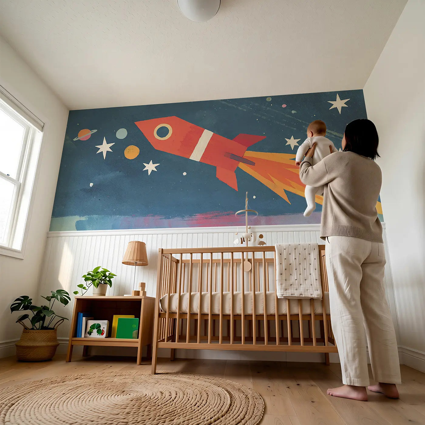 Child reading near Graphic Rocket Launch Bold Wainscoting Wallpaper by Whimsy Tots