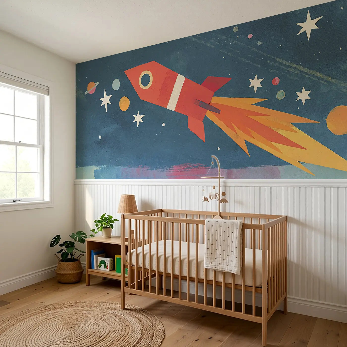 Graphic Rocket Launch Bold Wainscoting Wallpaper styled in a kids bedroom by Whimsy Tots