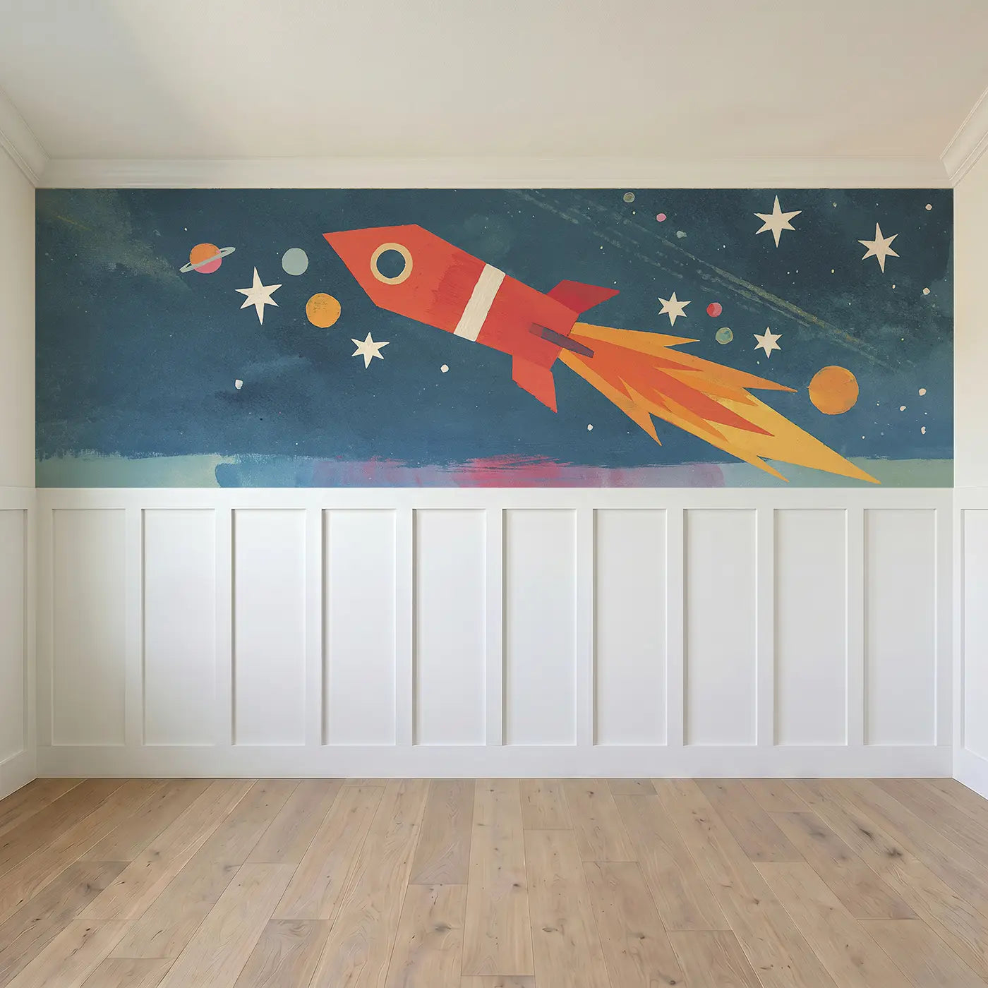 Full panel view of Graphic Rocket Launch Bold Wainscoting Wallpaper by Whimsy Tots