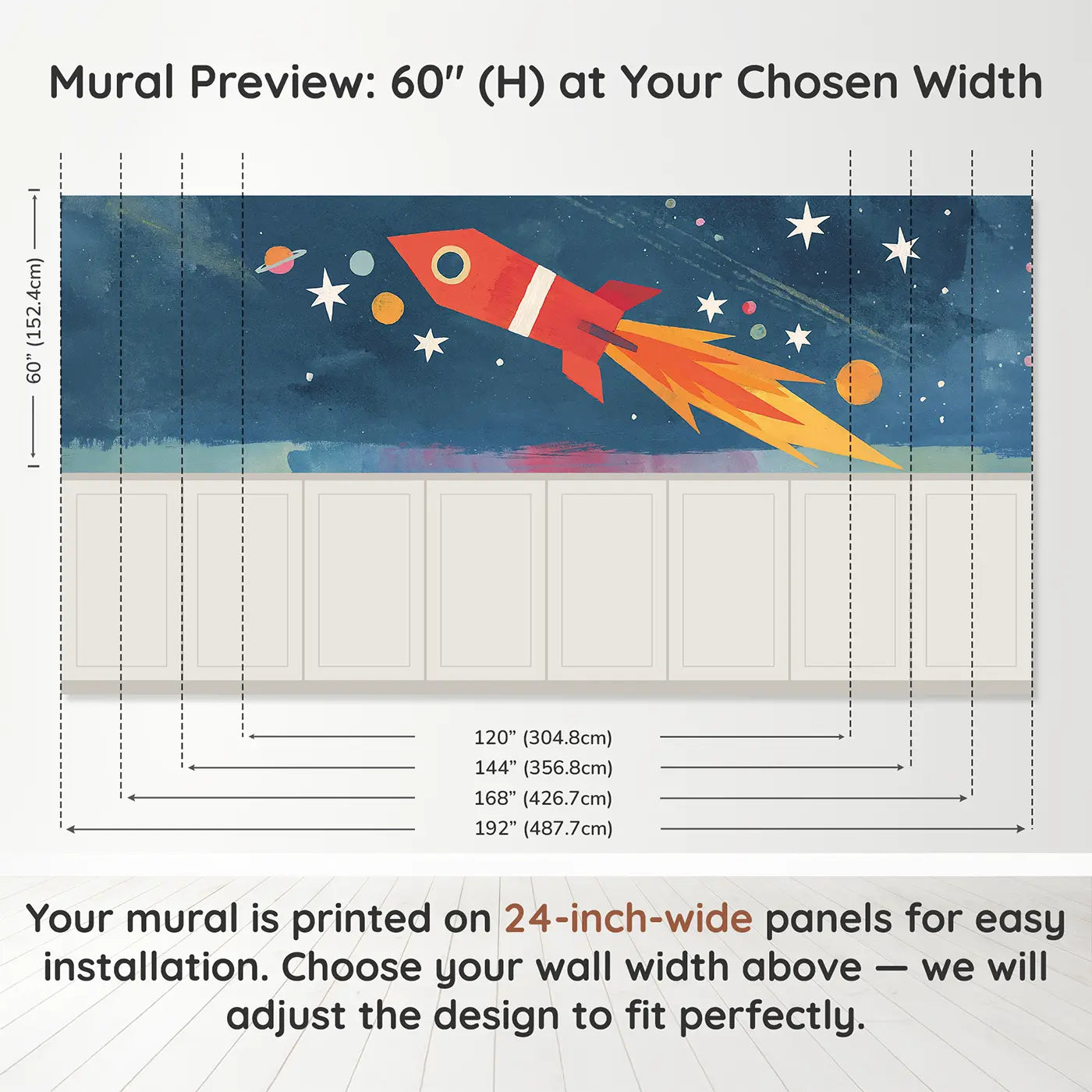 Panel dimensions for Graphic Rocket Launch Bold Wainscoting Wallpaper by Whimsy Tots