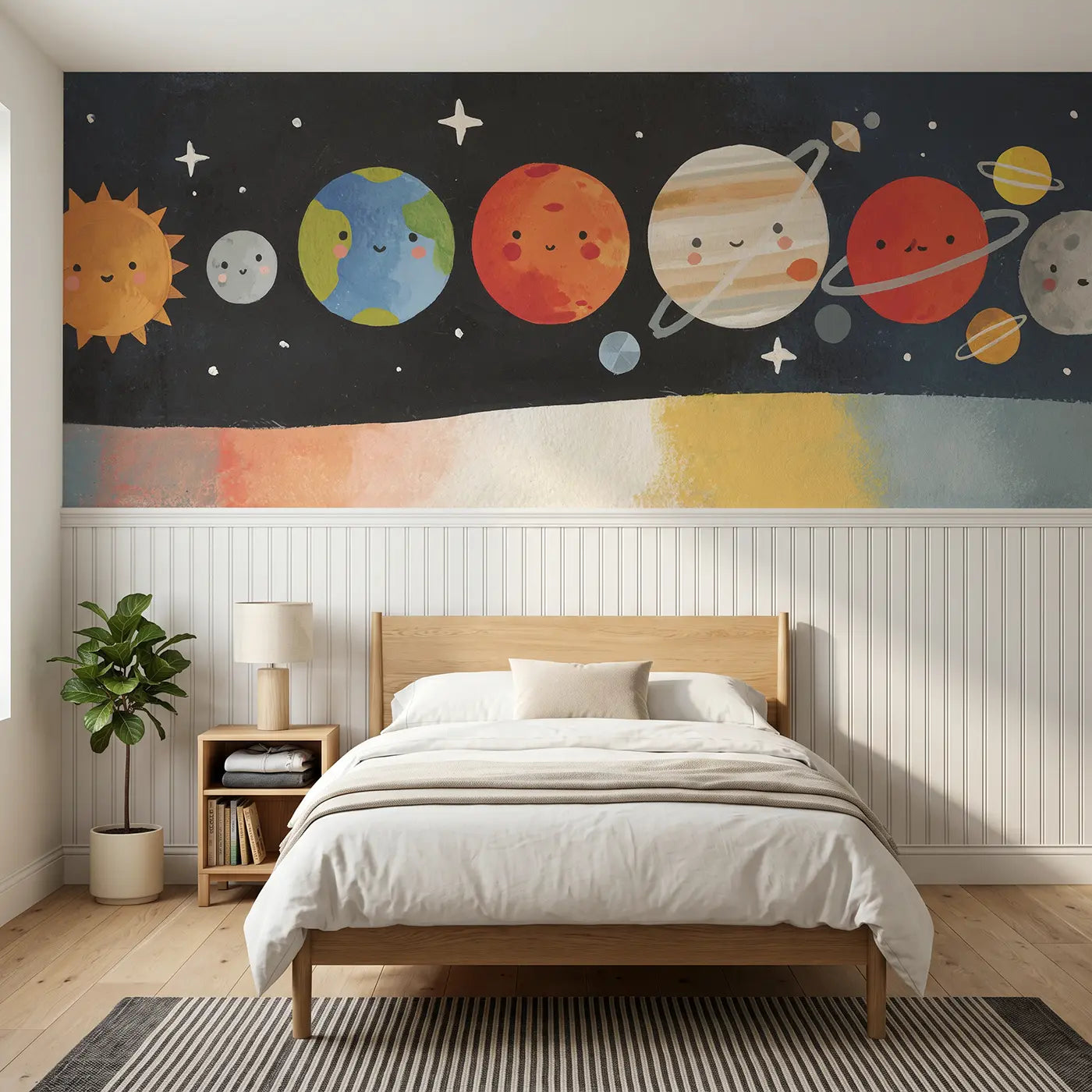 Modern Illustration flat solar system parade wainscoting wallpaper for bedroom by Whimsy Tots