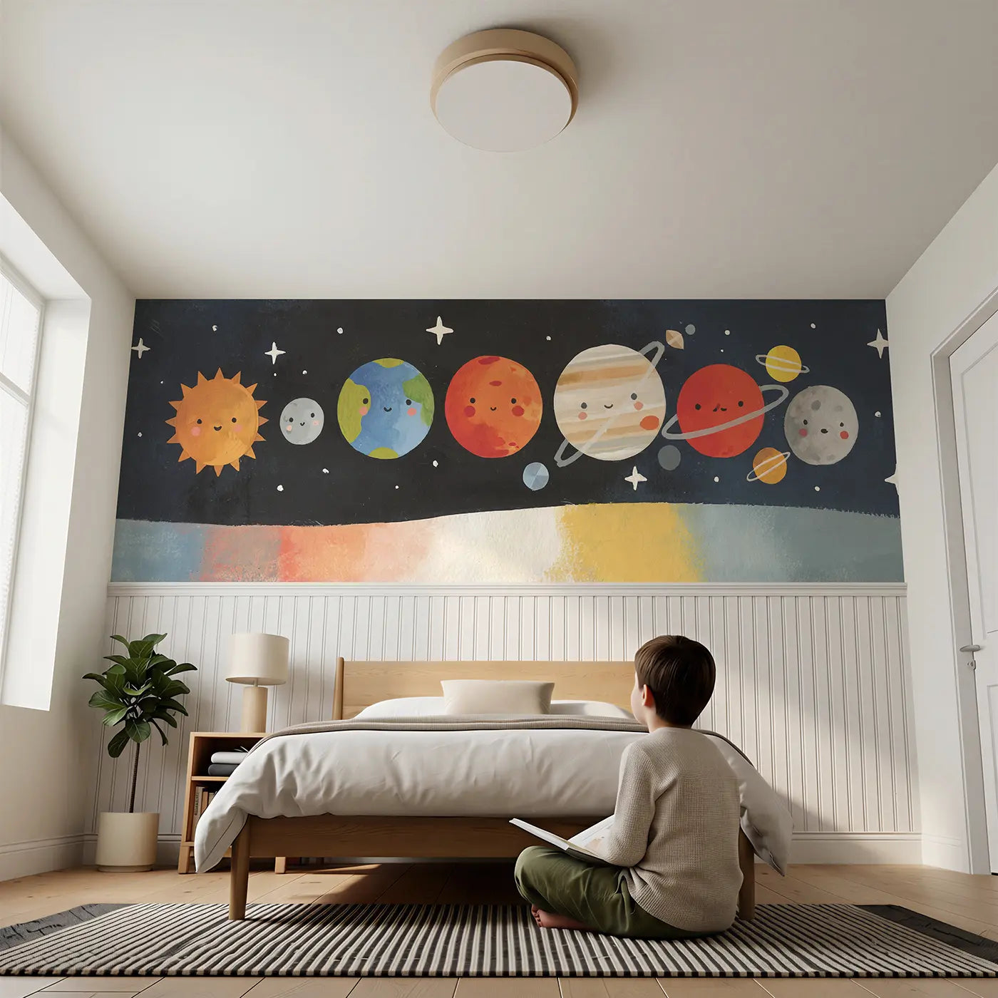 Child reading near Flat Solar System Parade Wainscoting Wallpaper by Whimsy Tots