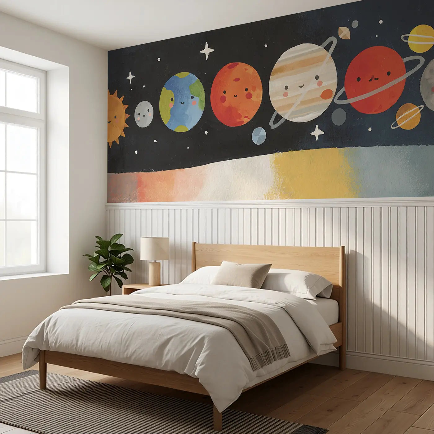 Flat Solar System Parade Wainscoting Wallpaper styled in a kids bedroom by Whimsy Tots