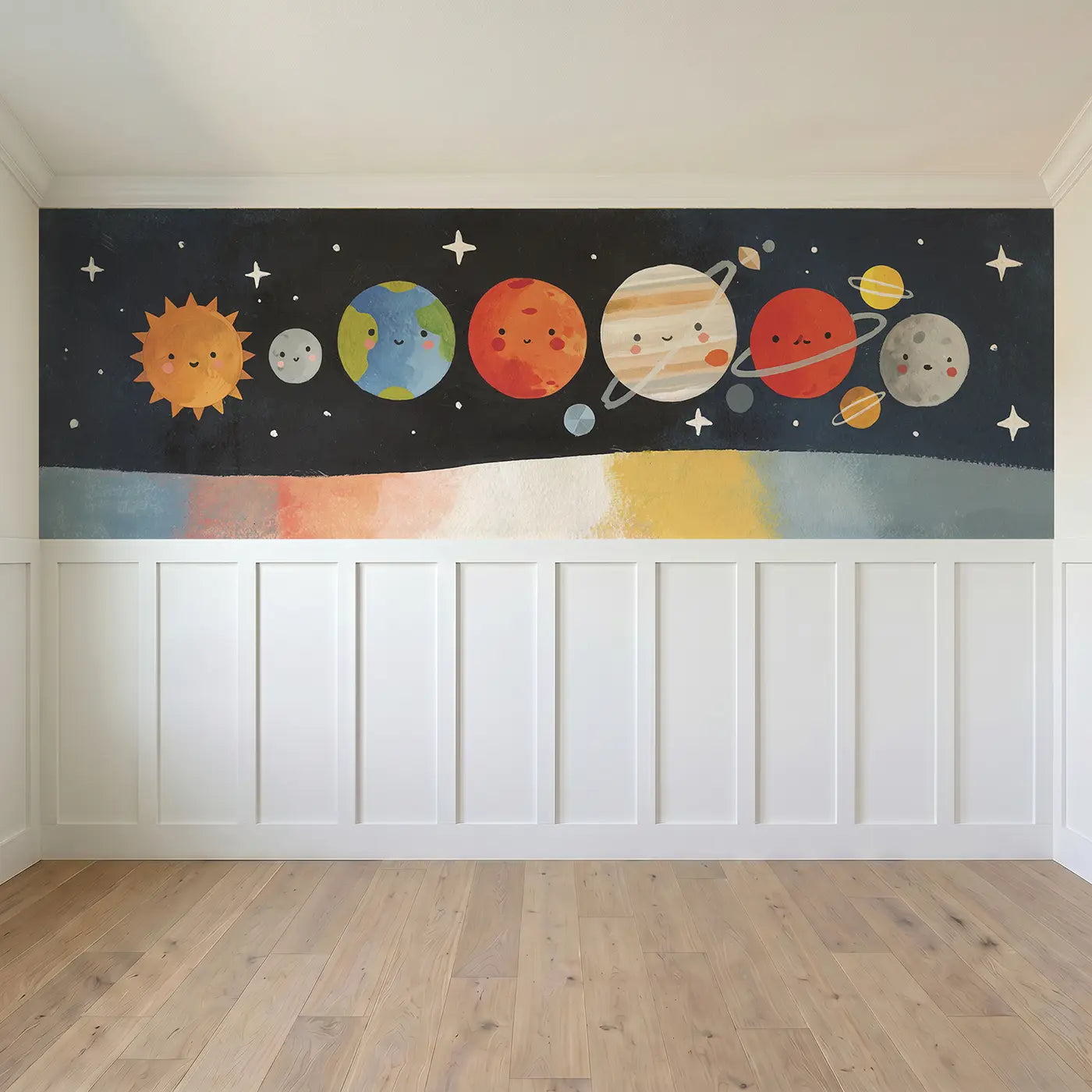Full panel view of Flat Solar System Parade Wainscoting Wallpaper by Whimsy Tots