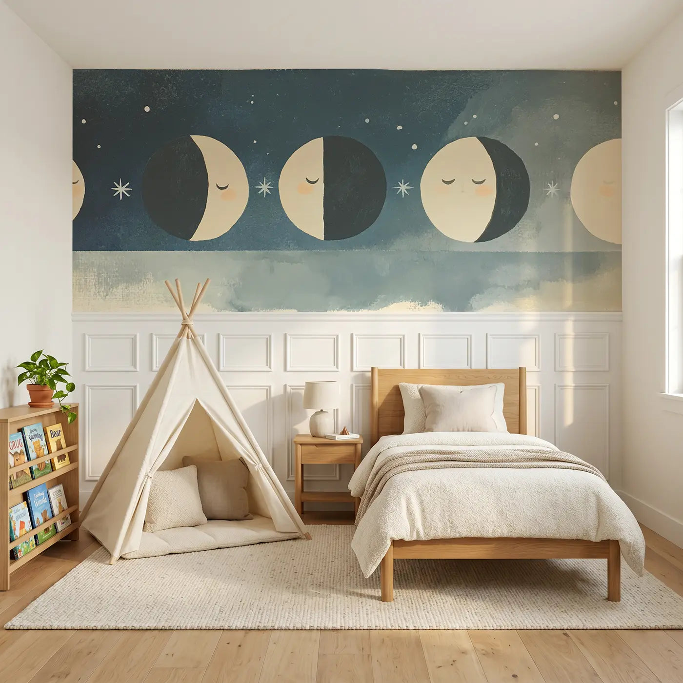 Modern Illustration graphic moon phase row wainscoting wallpaper for nursery by Whimsy Tots