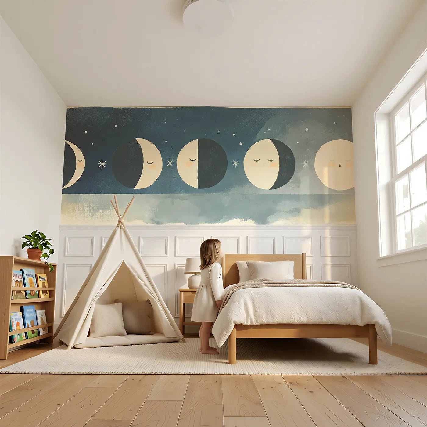 Child reading near Graphic Moon Phase Row Wainscoting Wallpaper by Whimsy Tots