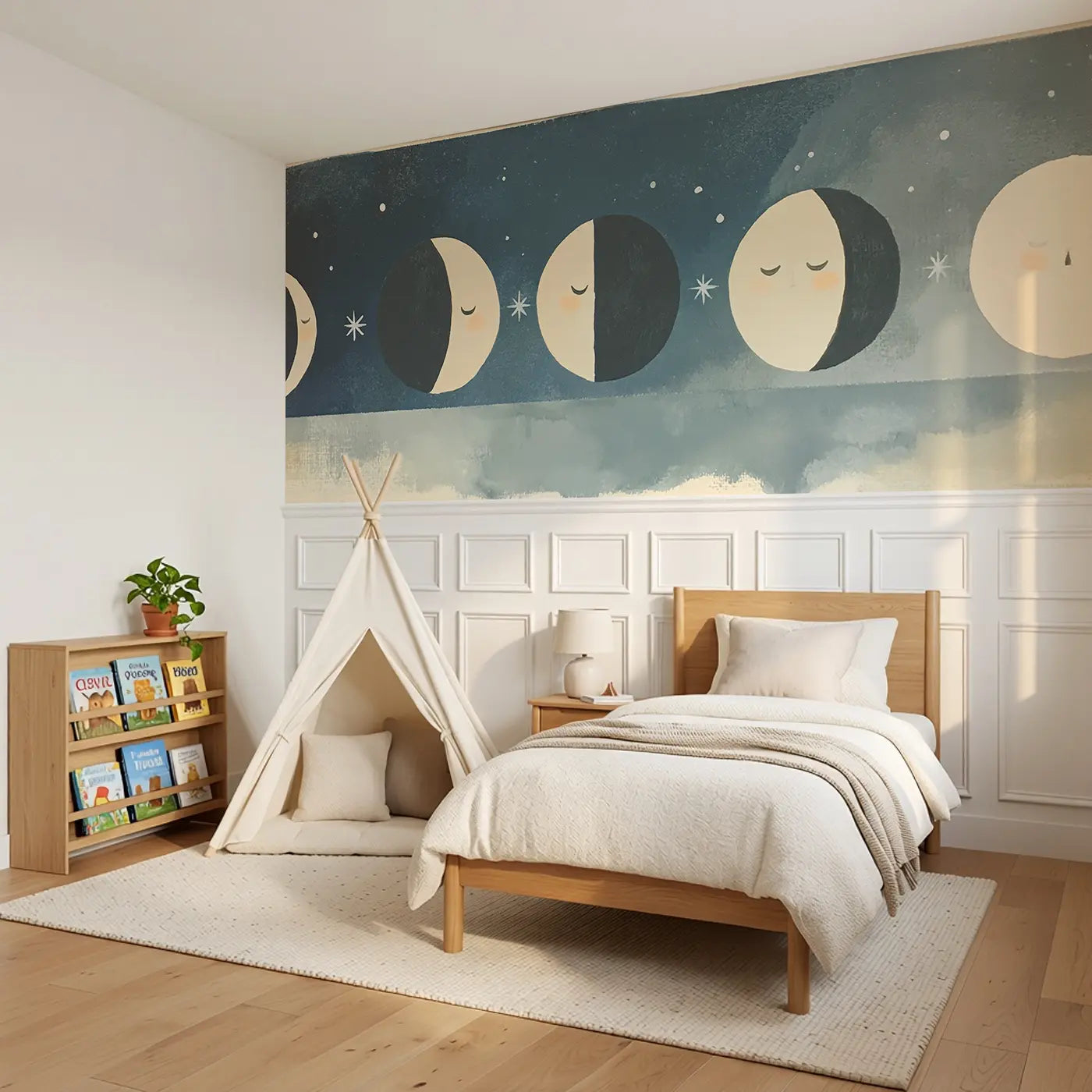 Graphic Moon Phase Row Wainscoting Wallpaper styled in a kids bedroom by Whimsy Tots