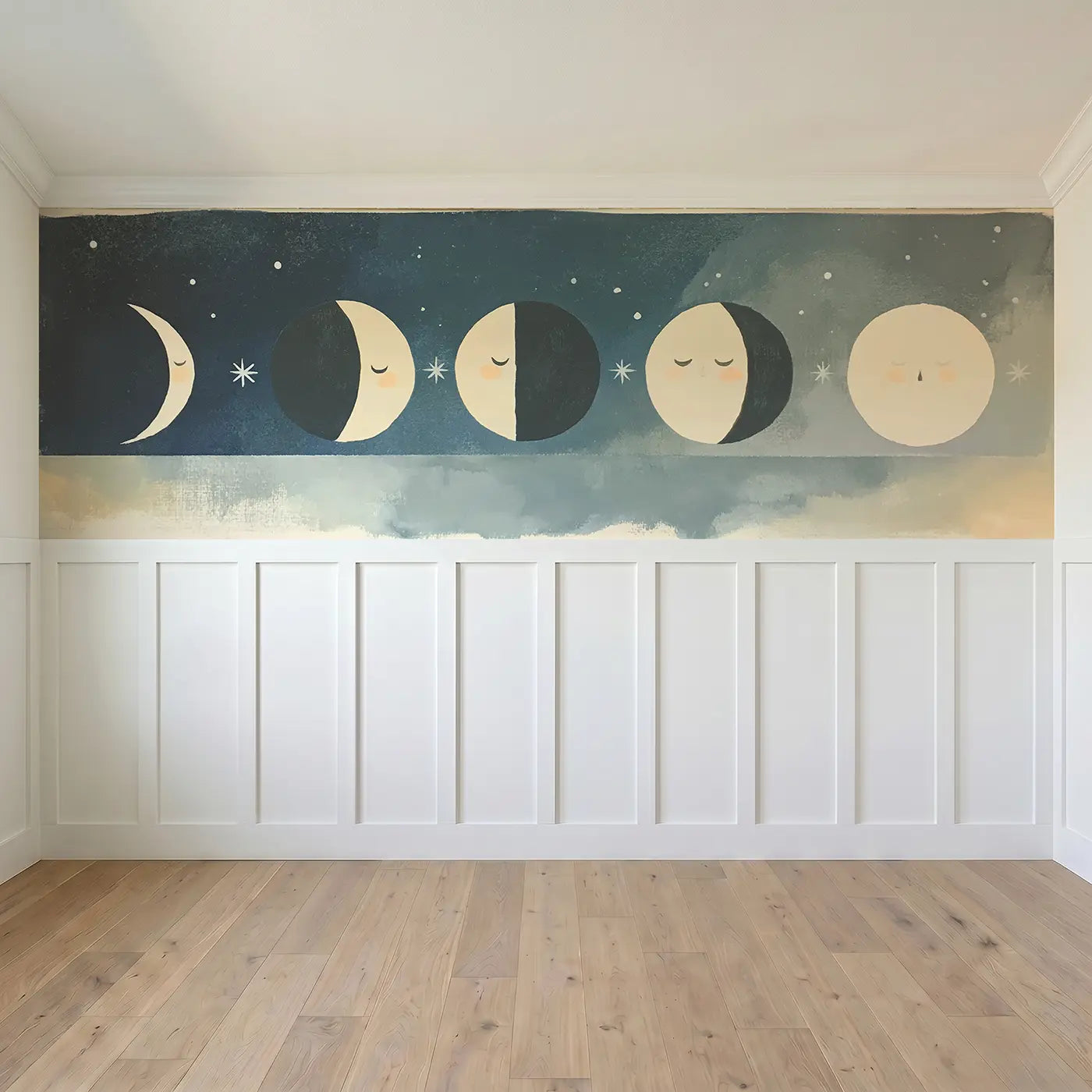 Full panel view of Graphic Moon Phase Row Wainscoting Wallpaper by Whimsy Tots