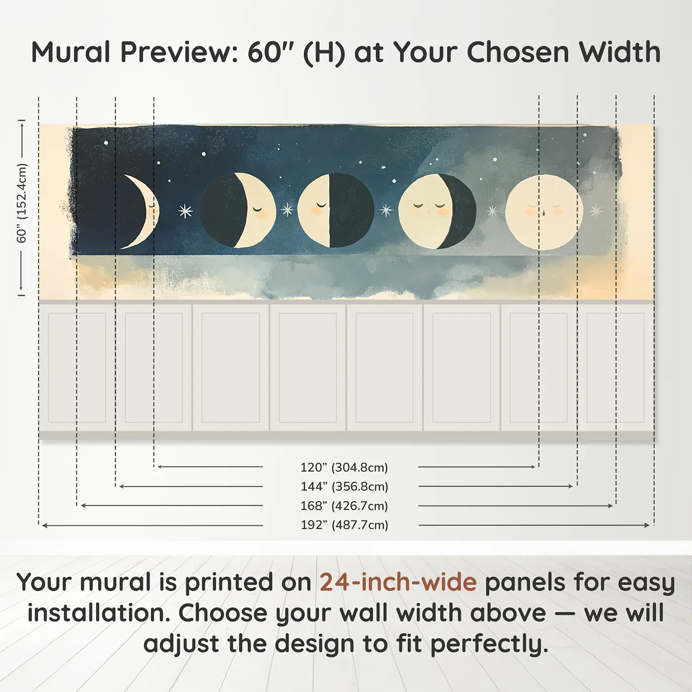 Panel dimensions for Graphic Moon Phase Row Wainscoting Wallpaper by Whimsy Tots