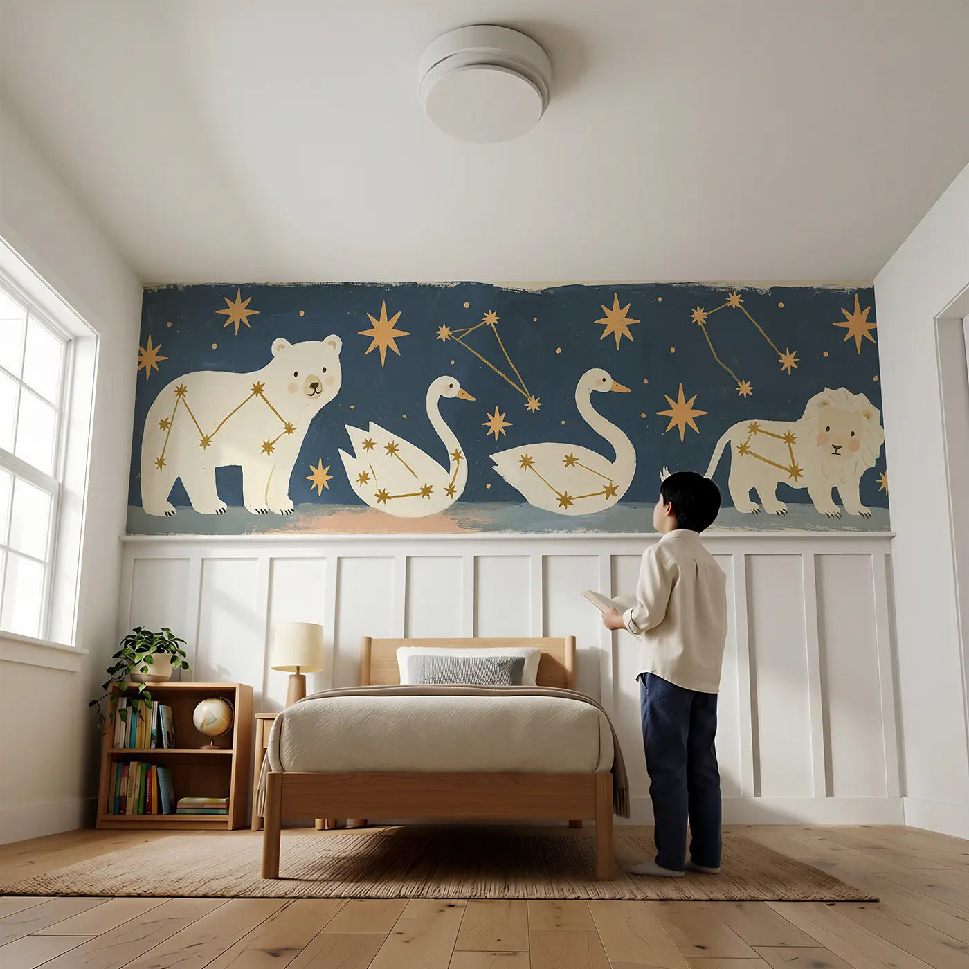 Child reading near Bold Constellation Connect Wainscoting Wallpaper by Whimsy Tots