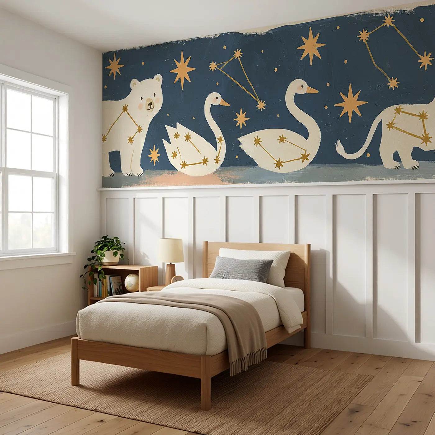 Bold Constellation Connect Wainscoting Wallpaper styled in a kids bedroom by Whimsy Tots